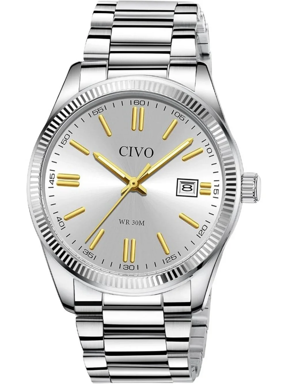 Mens Silver Gold Analog Quartz Skeleton Stainless Steel Strap Casual Wrist Watch